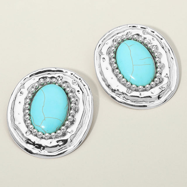 Madeline Love Rhodium, Turquoise Bold Western Oval Turquoise Stone Center Beaded Frame Statement Earrings