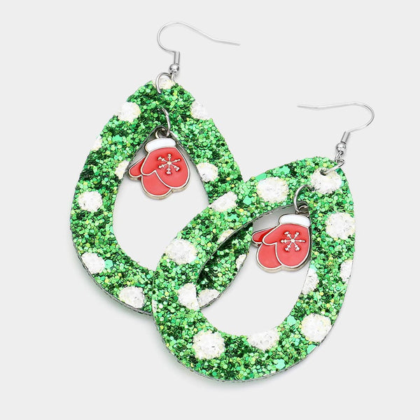 Green Rhodium, Glitter Open Teardrop Snowflake Gloves Dangle Earrings