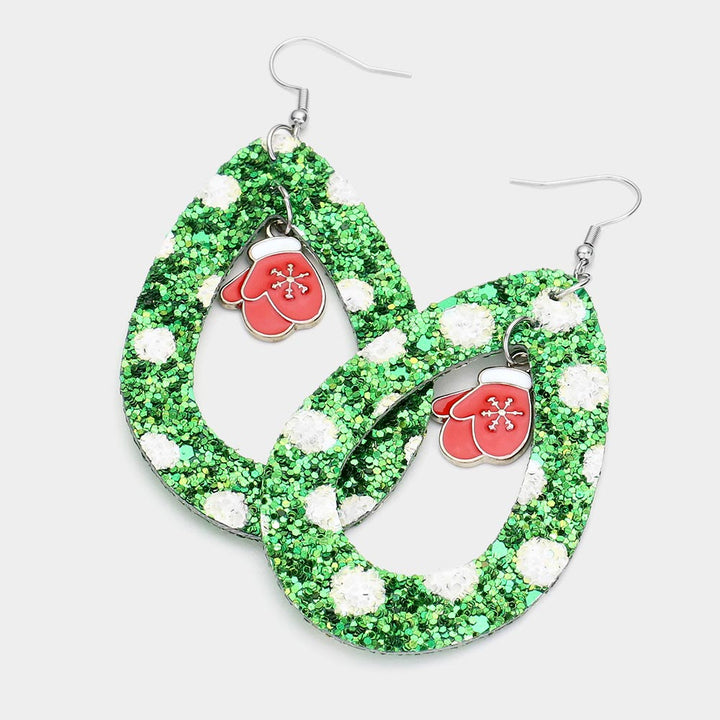 Green Rhodium, Glitter Open Teardrop Snowflake Gloves Dangle Earrings