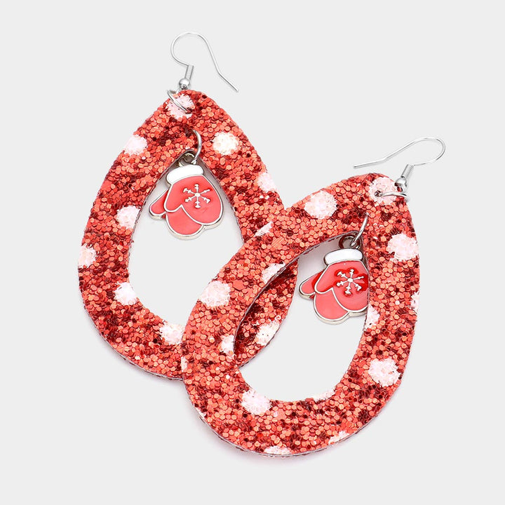 Red Rhodium, Glitter Open Teardrop Snowflake Gloves Dangle Earrings