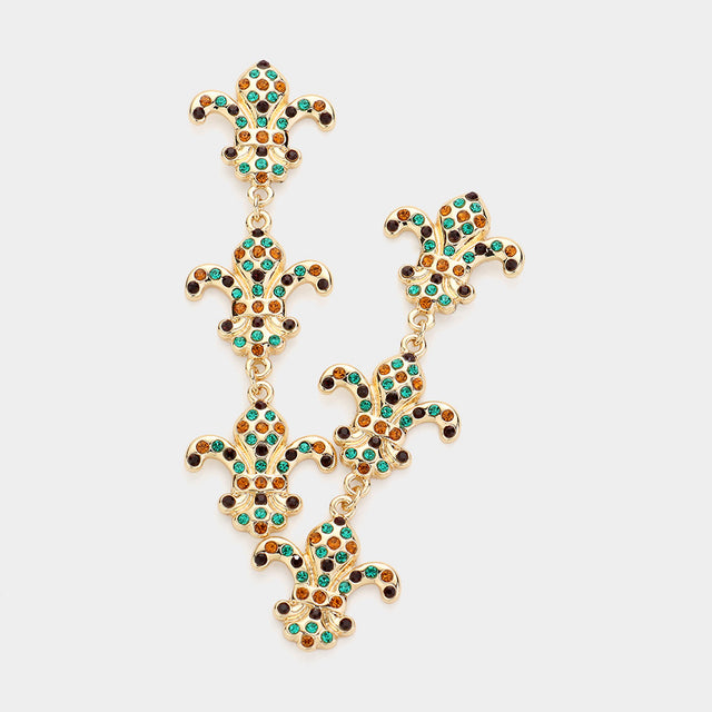 Multi Stone Paved Fleur de Lis Link Dropdown Earrings