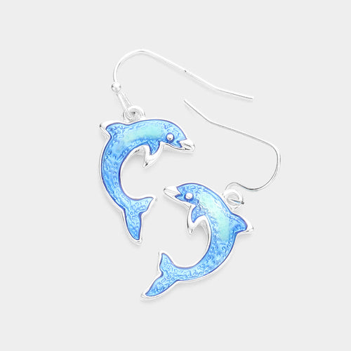 Enamel Metal Dolphin Dangle Earrings - Blue, Silver