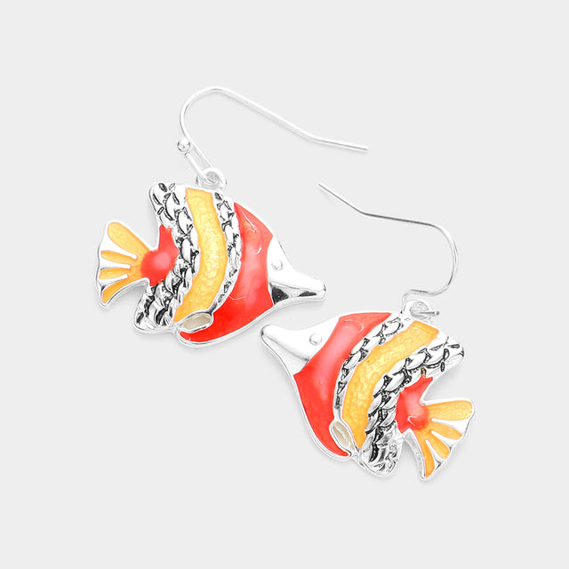 Antique Silver, Red Enamel Antique Metal Fish Dangle Earrings