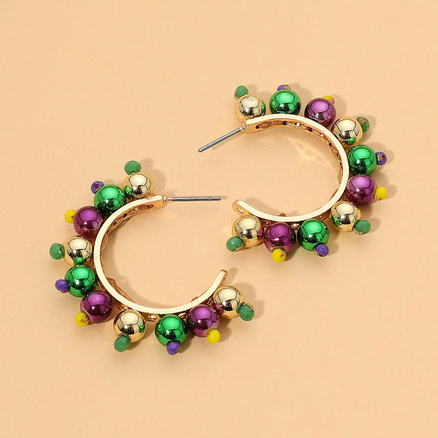 Madeline Love Gold, Green, Purple , Yellow Mardi Gras Beaded Cluster Hoop Earrings