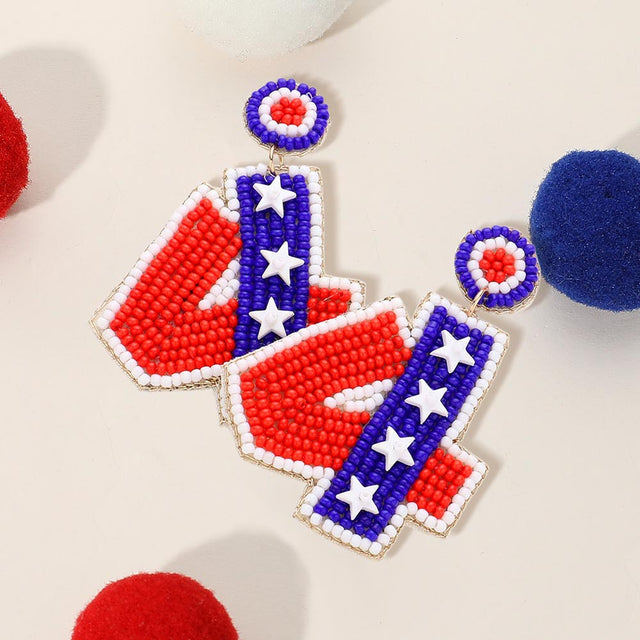 Madeline Love Blue 4 Message Felt Back American USA Flag Star Seed Beaded Dangle Earrings