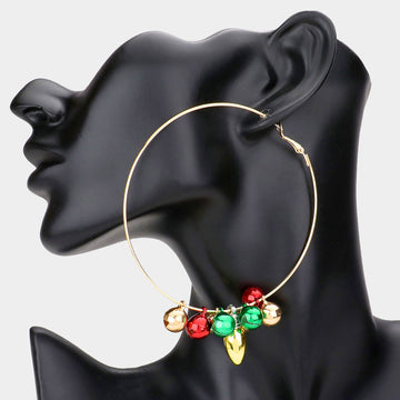 Gold Christmas Bell Bulb Charm Metal Hoop Earrings