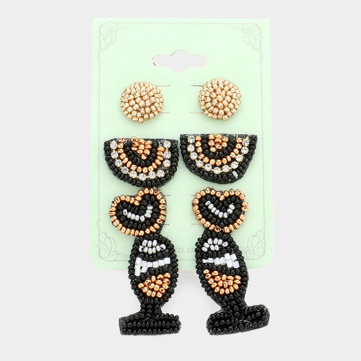 Multi, 3Pairs - Felt Back Seed Beaded Champagne Stud Earrings