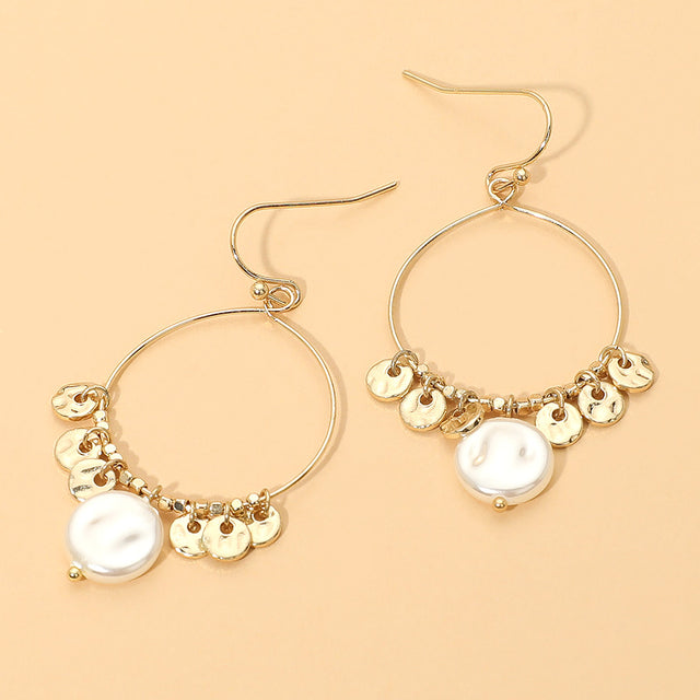 Madeline Love Cream, Gold Metal Disc Pearl Charm Drop Hoop Dangle Earrings