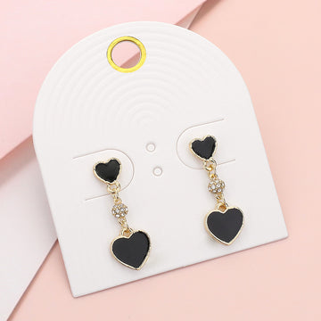 Enamel Heart Mini Shamballa Ball Link Dropdown Dangle Earrings - Black Gold - Earrings