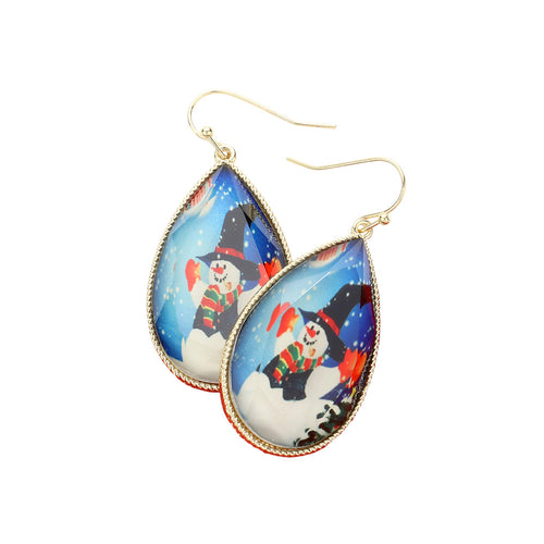 Snowman Printed Teardrop Dangle Earrings - Gold