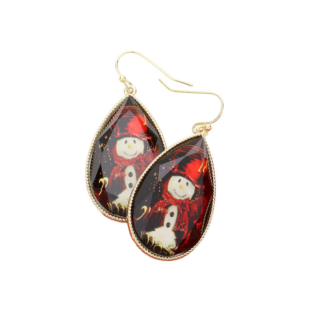 Gold, Snowman Printed Teardrop Dangle Earrings
