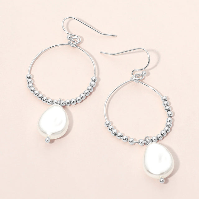 Madeline Love Cream, Rhodium Pearl Drop Beaded Circle Earrings