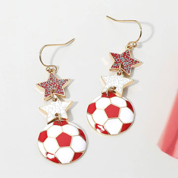 Madeline Love Red, White Canada Glittered Double Star Soccer Ball Drop Earrings