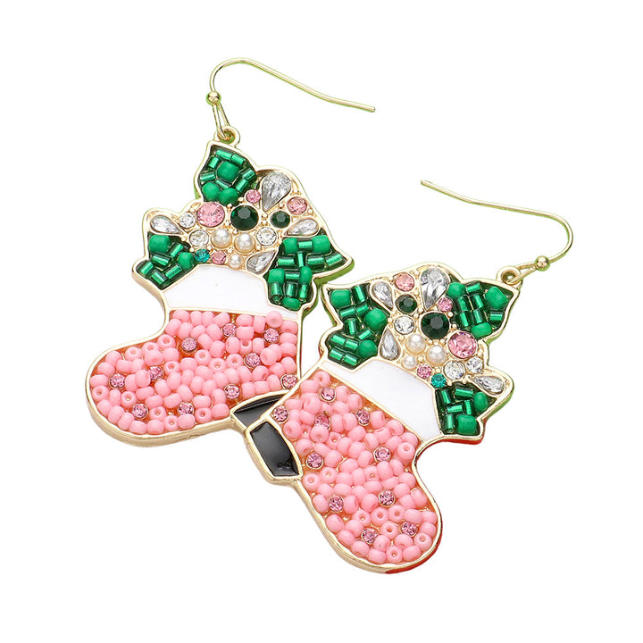 Gold Pink Pearl Stone Seed Beads Embellished Christmas Boots Dangle Earrings
