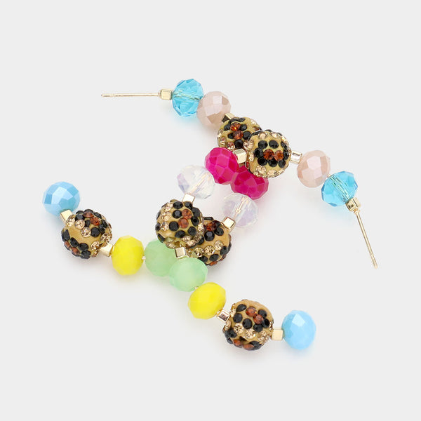 Multi Leopard Patterned Shamballa Ball Faceted Bead Half Hoop Earrings