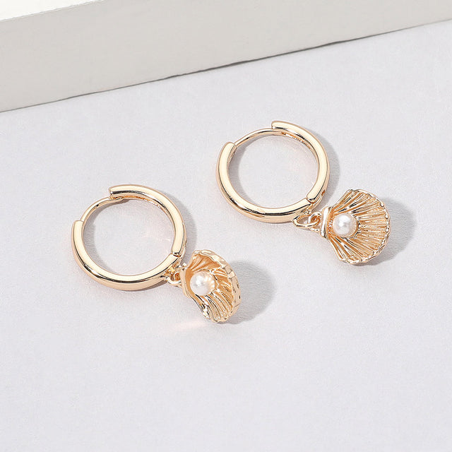 Madeline Love Cream, Gold Pearl Point Metal Sea Shell Dangle Mini Huggie Hoop Earrings