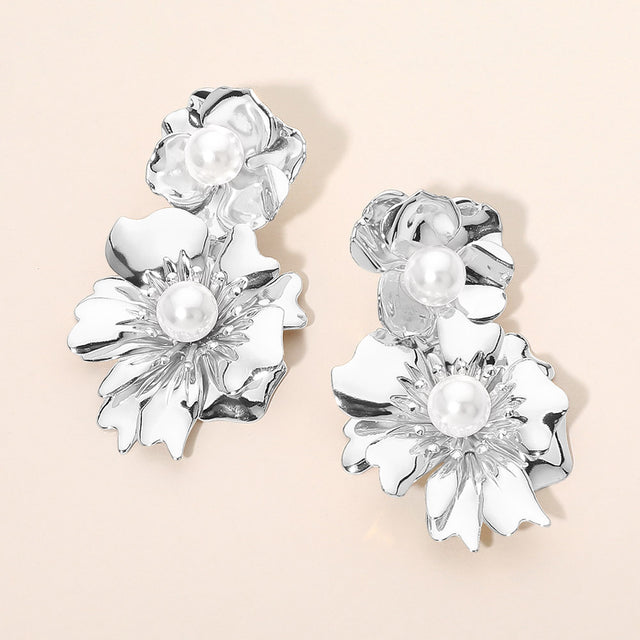 Madeline Love Rhodium Pearl Accent Double Floral Link Drop Statement Earrings