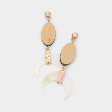 Madeline Love Ivory, Mother of Pearl, Worn Gold Oval Wood Mother Of Pearl Crescent Dangle Earrings