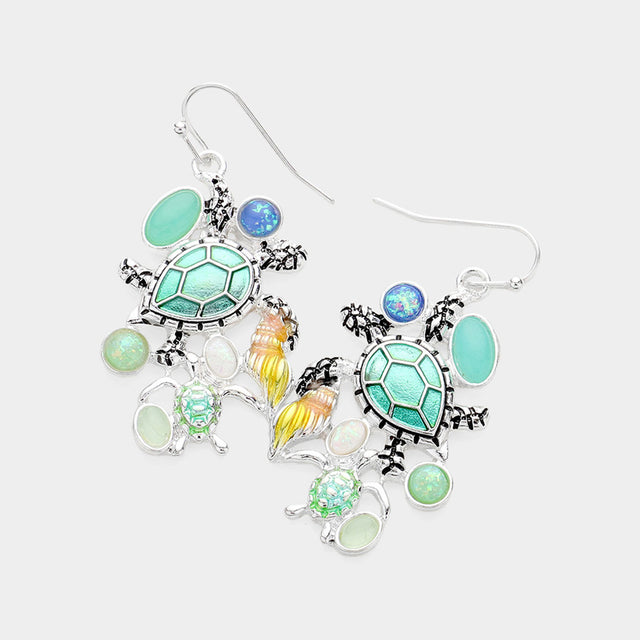 Antique Silver, Multi Stone Embellished Enamel Sea Turtle Dangle Earrings
