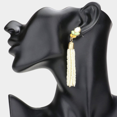 Flower Seed Bead Tassel Earring - Cream