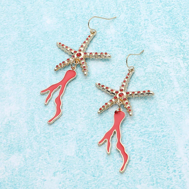Coral, Gold Stone Paved Starfish Enamel Coral Link Dropdown Dangle Earrings