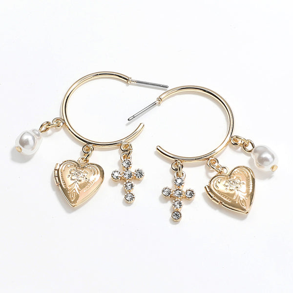 Pearl Stone Paved Heart Locket Cross Charm Dangle Hoop Earrings