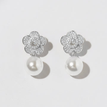 Madeline Love Rhodium, White White Gold Dipped CZ Pave Flower Pearl Drop Earrings