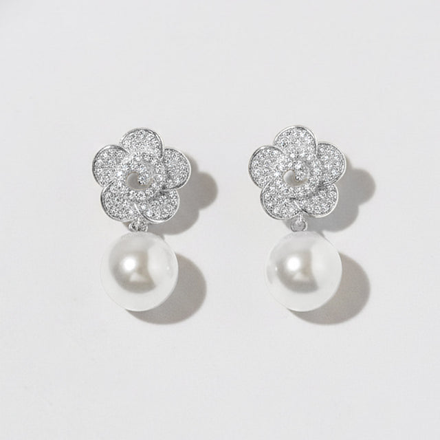 Madeline Love Rhodium, White White Gold Dipped CZ Pave Flower Pearl Drop Earrings