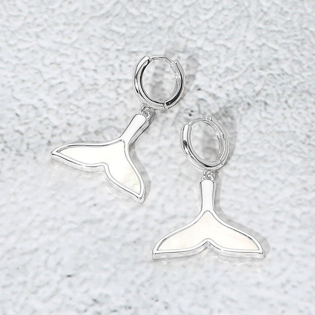 Madeline Love Mother of Pearl, Silver Mother of Pearl Inlay Whale Tale Dangle Earrings