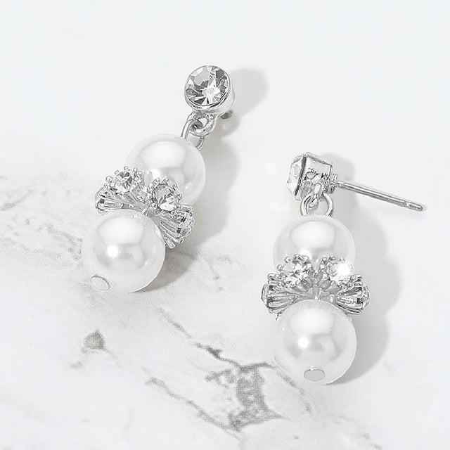 Madeline Love Silver, White Rhinestone Embellished Pearl Drop Earrings