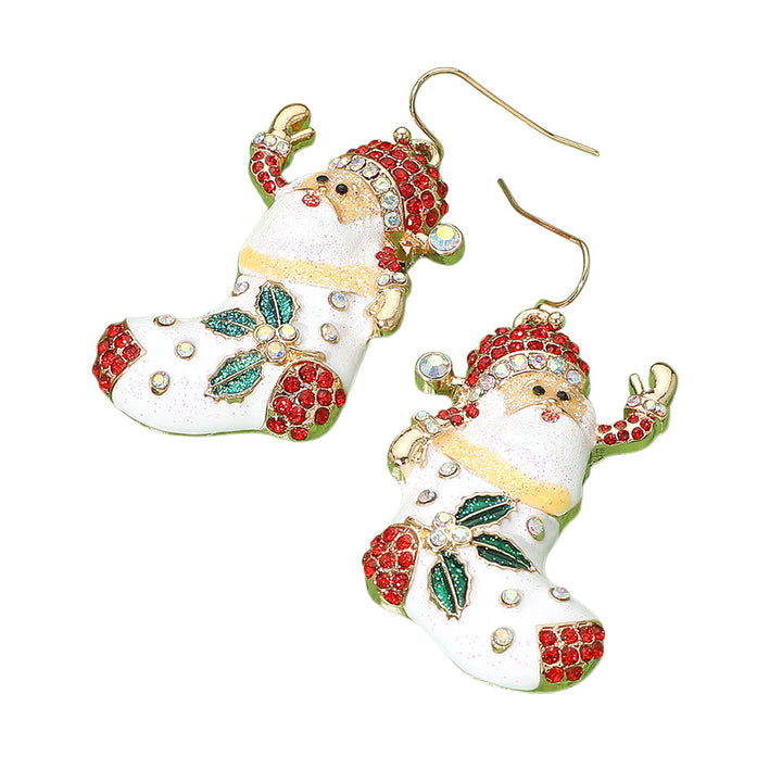 Gold, Multi, Glittered Enamel Santa Christmas Socks Dangle Earrings