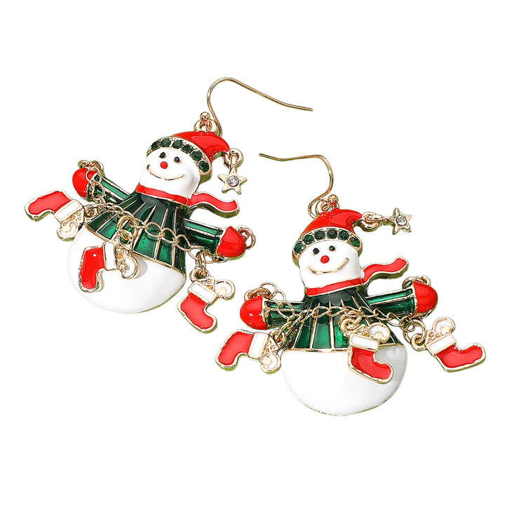 Gold Multi, Whimsical Christmas Socks Snowman Dangle Earrings
