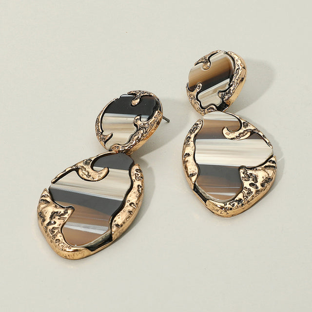 Madeline Love Brown, Gold, Multi Textured Metal Frame Abstract Celluloid Acetate Drop Dangle Statement Earrings