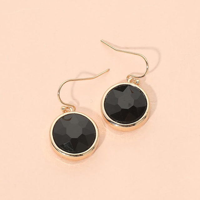 Madeline Love Gold, Jet Black Round Faceted Stone Drop Dangle Earrings