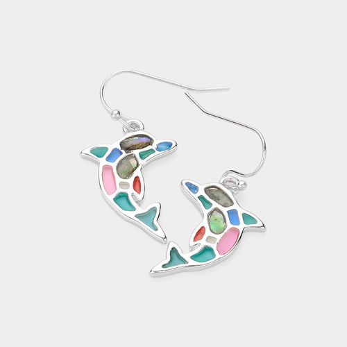 Abalone Pointed Enamel Dolphin Dangle Earrings - Abalone, Multi, Silver