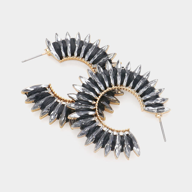 Madeline Love Black, Gold Raffia Wrapped Marquise Stone Cluster Hoop Earrings