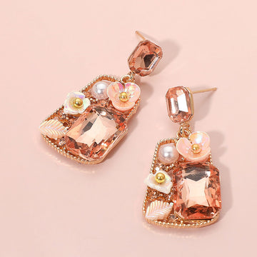 Madeline Love Gold, Peach Floral Stone Pearl Leaf Accent Frame Dangle Earrings