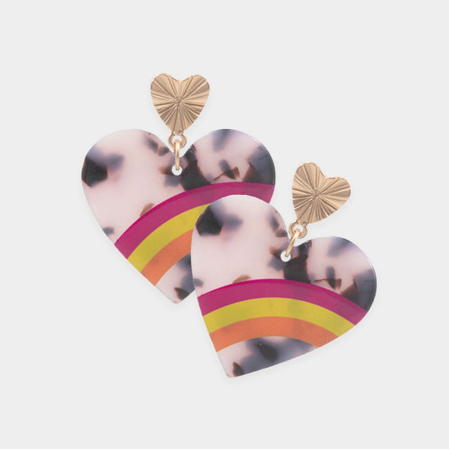 Three Tone Pointed Celluloid Acetate Heart Dangle Earrings - Tortoise - Earrings