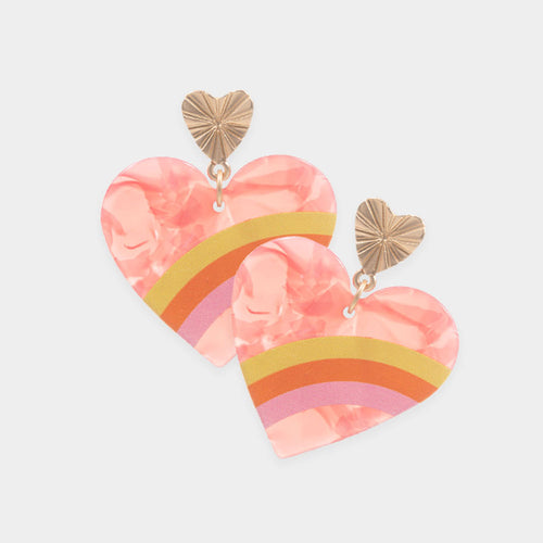 Three Tone Pointed Celluloid Acetate Heart Dangle Earrings - Red