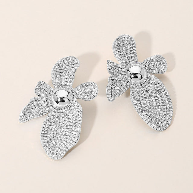 Madeline Love Clear, Rhodium Rhinestone Pave Flower Statement Earrings