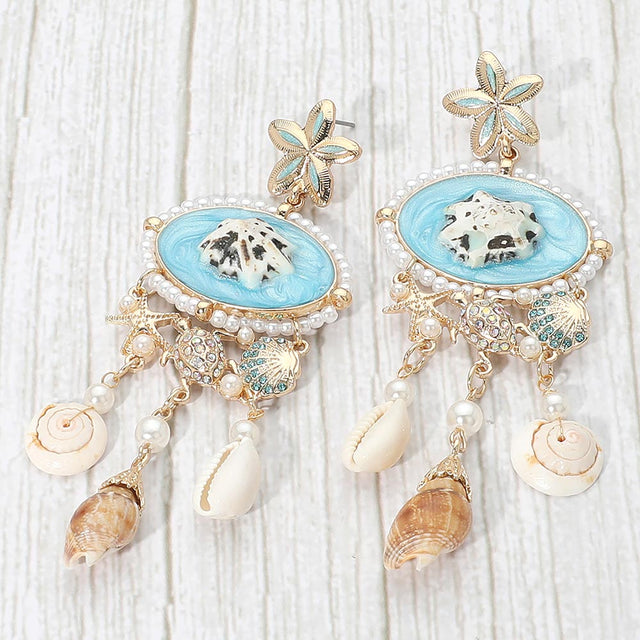 Madeline Love Aqua, Gold, Neutral Pearl Embellished Coastal Shell Charm Drop Statement Earrings