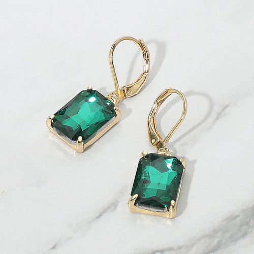 Rectangular Glass Stone Drop Dangle Earrings - Emerald, Gold