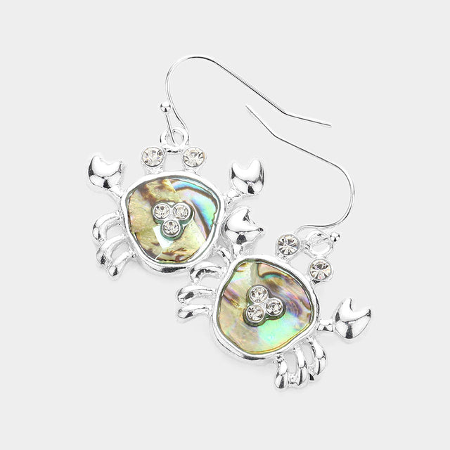 Abalone, Silver Rhinestone Embellished Abalone Crab Dangle Earrings