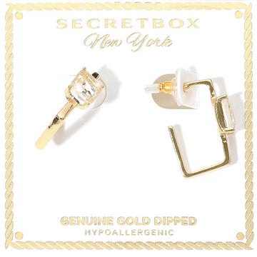 Madeline Love Gold SECRET BOX_Genuine Gold Dipped Emerald Cut Stone Cluster Accent Square Hoop Earrings