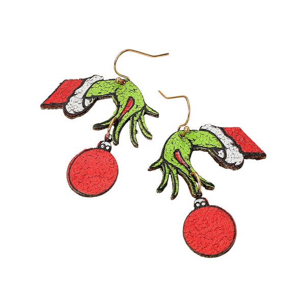 Green Holiday Grinch Hand Ornament Dangle Earrings