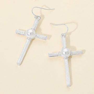 Madeline Love Worn Silver Pearl Accent Chunky Textured Cross Drop Dangle Earrings