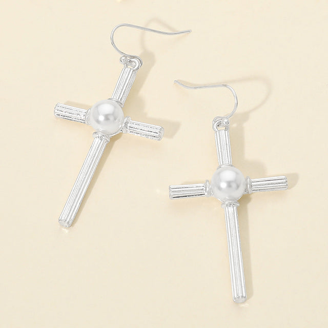 Madeline Love Worn Silver Pearl Accent Chunky Textured Cross Drop Dangle Earrings