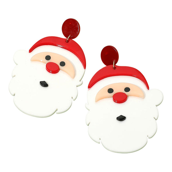Red, Oversized Resin Santa Face Dangle Earrings