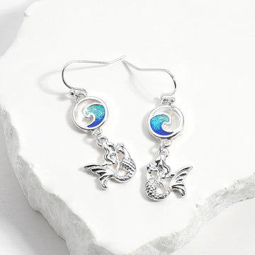 Madeline Love Antique Silver, Blue Enamel Wave Antique Metal Mermaid Link Dangle Earrings