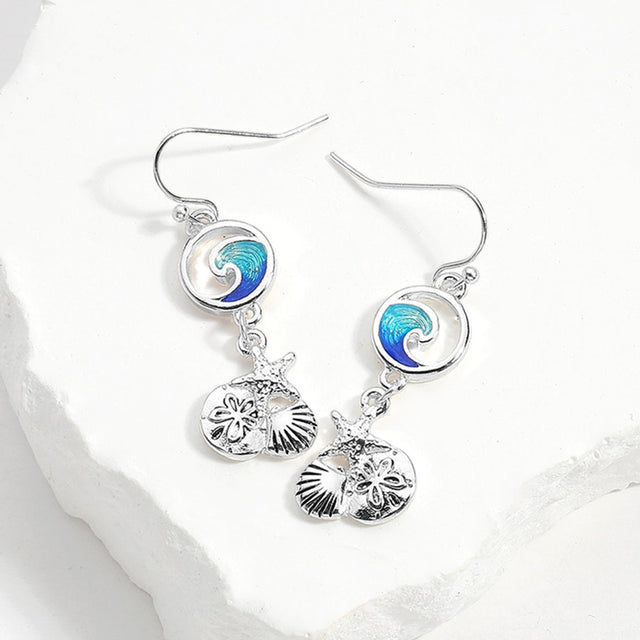 Madeline Love Antique Silver, Blue Enamel Wave Antique Metal Seashell Starfish Sand Dollar Link Dangle Earrings